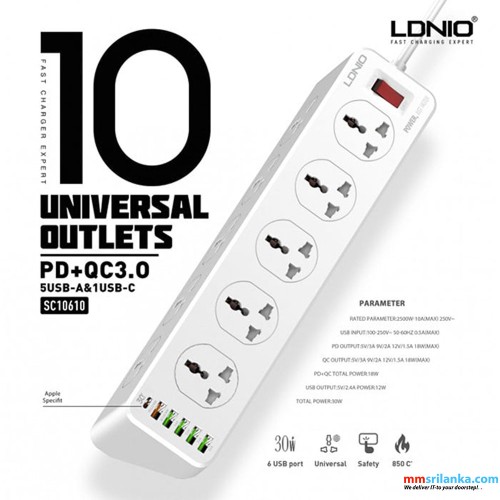 LDNIO SC10610 30W 6-Port USB Charger Power Strip (6M)